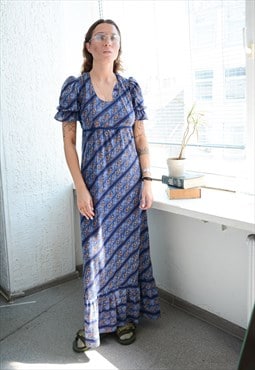 Vintage 80's Blue Patterned Puff Sleeved Bohemian Maxi Dress