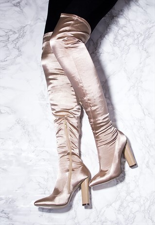 VAGAS POINTED TOE BLOCK HEEL THIGH BOOTS - BEIGE