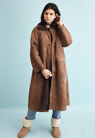 70'S REAL SUEDE & FAUX FUR DETAILED SHEARLING LONG COAT