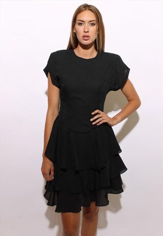 VINTAGE 1980'S 80'S BLACK FLORAL PEPLUM DRESS TIERED XS-S