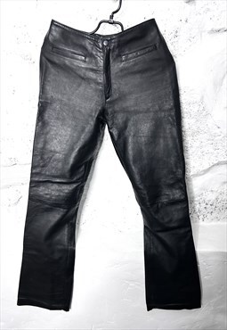 90s Black Real Leather Flared Pants / Trousers 