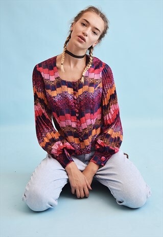 70'S RETRO MOD PRINT PLEATED SHEER BLOUSE TOP
