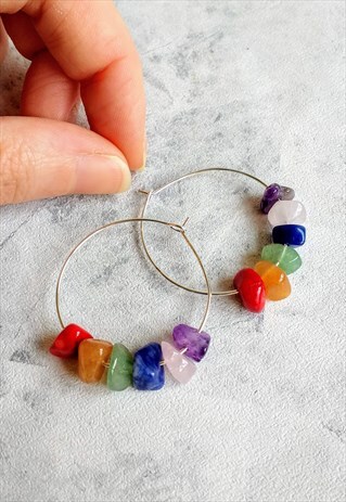 RAINBOW GEM STONE HOOP EARRINGS