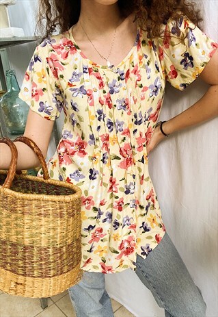 VINTAGE 80S BOTANICA ENGLISH COTTAGE GARDEN LONG BLOUSE TOP
