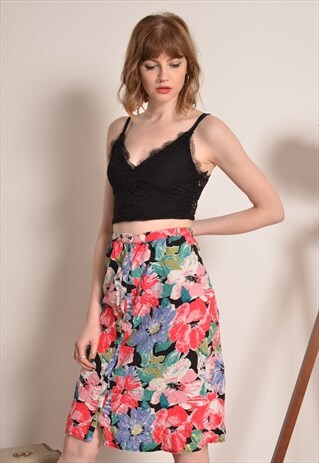 VINTAGE FLORAL BUTTON MIDI SKIRT IN PINK