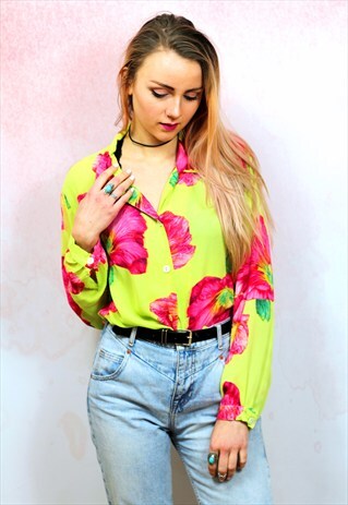 1990S VINTAGE VIBRANT FLORAL CHIFFON LONG SLEEVE SHIRT