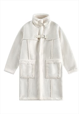 Long Sherpa coat fleece lined PU trench jacket in white 