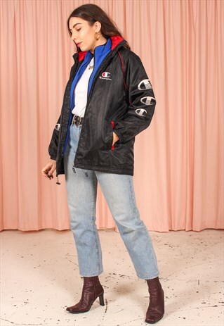 VINTAGE 90S CHAMPION PUFFER JACKET IN BLACK