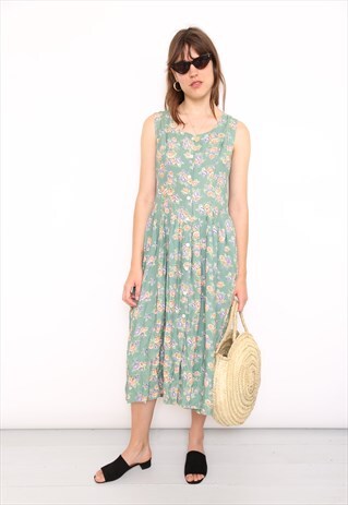 VINTAGE 90S GREEN FLORAL PRINT MIDI DRESS