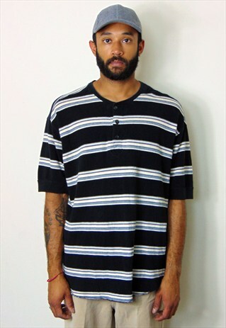 90S OVERSIZE CLASSIC STRIPE SHORT SLEEVE HENLEY SHIRT LARGE