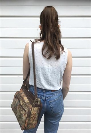 WOMENS VINTAGE FLORAL BAG TAPESTRY MESSENGER HANDBAG 80S 90S