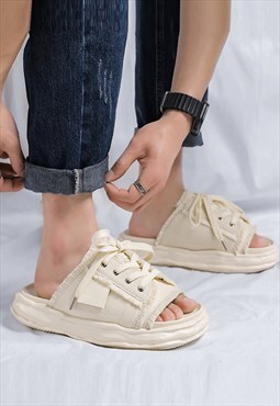 Lace up sliders open toe sandals high fashion shoes in cream