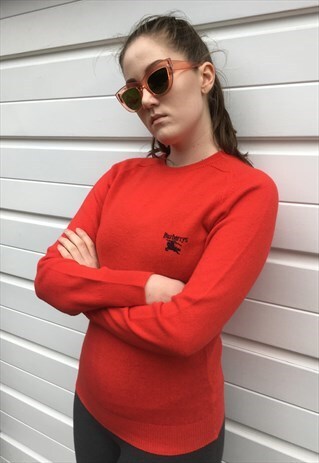 WOMENS VINTAGE 80S BURBERRY JUMPER RED WOOL SWEATER TOP