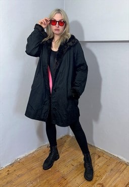 Vintage y2k penny line baggy long warm coat jacket in black