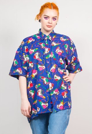 VINTAGE 90'S BLUE SHOE TRAINER PATTERN OVERSIZED SHIRT