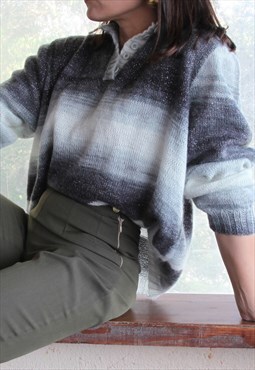 Hand knitted grey lurex silver mohair blend henley sweater