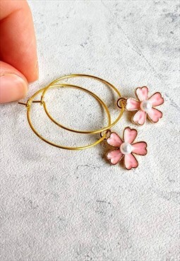 Pink Cherry Blossom Flower Enamel Hoop Earrings