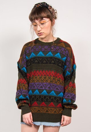 VINTAGE 90'S MULTICOLOUR ABSTRACT PATTERN KNIT JUMPER