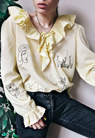 HAND EMBROIDERED POWDER YELLOW VINTAGE SHIRT