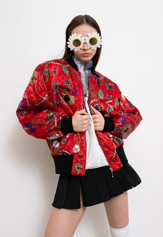 VINTAGE 90S QUILTED BOMBER JACKET RED SCARF CHAIN PRINT