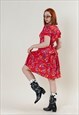Vintage 80s Western Red&Floral Square Neck Midi Dress M