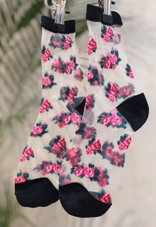 BLACK AND PINK ROSE FLORAL SHEER SOCKS