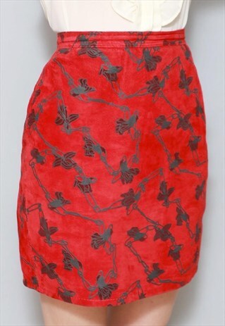 VINTAGE 1980'S RED FLORAL SUEDE MINI SKIRT