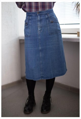 VINTAGE 80'S BLUE MIDI DENIM HIGH WAISTED SKIRT