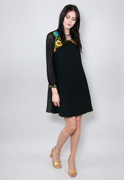 60's Vintage Dress Black Chiffon Mini Sequin Embellishment