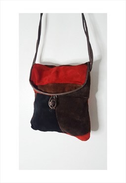 Vintage 1970s Brown and Red Suede Patchwork Bag