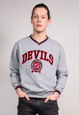 VINTAGE 90'S NHL NEW JERSEY DEVILS GREY V-NECK SWEATER