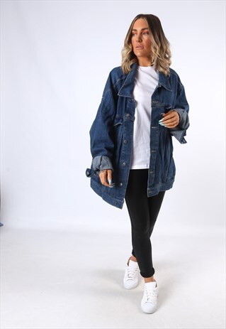 DENIM JACKET LONG OVERSIZED FITTED VINTAGE UK 28 - 30 (C5G)