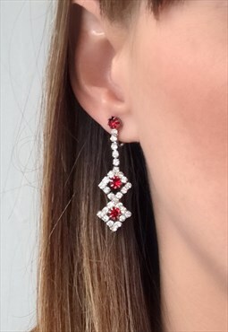 Red Clip On Diamonte Dangle Earrings