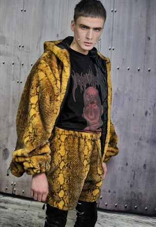 PYTHON FLEECE SHORTS HANDMADE SNAKE CARGO OVERALLS YELLOW