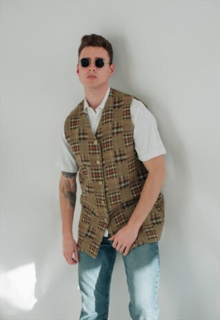 VINTAGE STRAIGHT BOXY FIT BUTTON UP UNISEX VEST IN CHECK XL