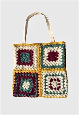 70's Vintage Bag Wool Crochet Shoulder Bag Yellow Green