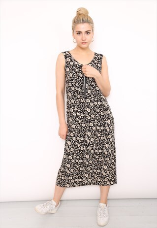 VINTAGE 90S REWORKED BROWN BLACK BOHO MIDI DRESS