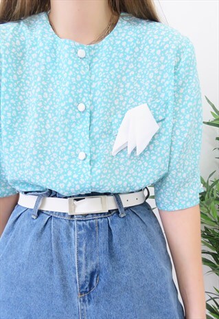 RETRO 80S VINTAGE BLUE & WHITE FLORAL BLOUSE SHIRT