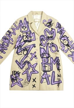 Vintage Jacket Hand Painted Y2K 90s Leather Beige Trench