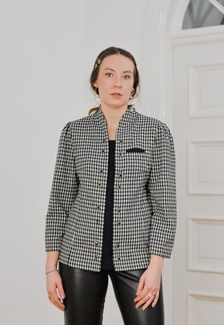 CHECKERED BLAZER VINTAGE JACKET BLACK WHITE RETRO L