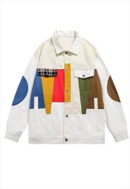 Multi patch 70s denim jacket colorful jean bomber in white
