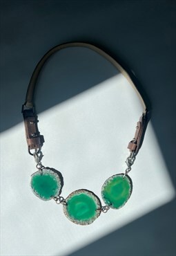 Max Mara necklace natural green agate stone leather collar