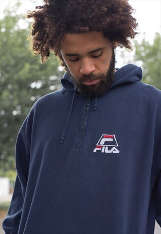VINTAGE 90S FILA EMBROIDERED LOGO QUARTER ZIP HOODIE IN NAVY