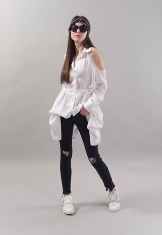 OVERSIZED WHITE SHIRT CASUAL TOP COTTON SHIRT TUNIC F1803