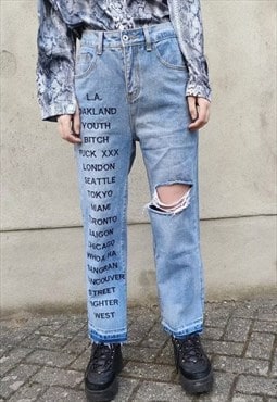 Reworked city slogan embroidered jeans ripped denim overalls