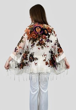 Vintage Style Kimono White Tassel Fringed Velvet Jacket