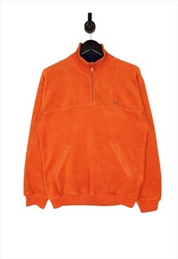 Y2K Fred Perry 1/4 Zip Fleece Jumper In Orange Size Small
