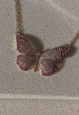 Cubic Zirconia Pink and Gold Butterfly Chain Necklace