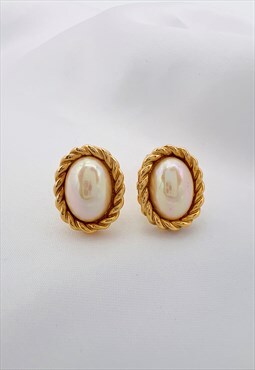 Christian Dior Earrings Pearl Gold Authentic Oval Twist Stud