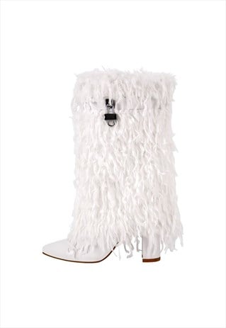 Fur Pointed Toe Chunky Heel Mid-Calf Boots